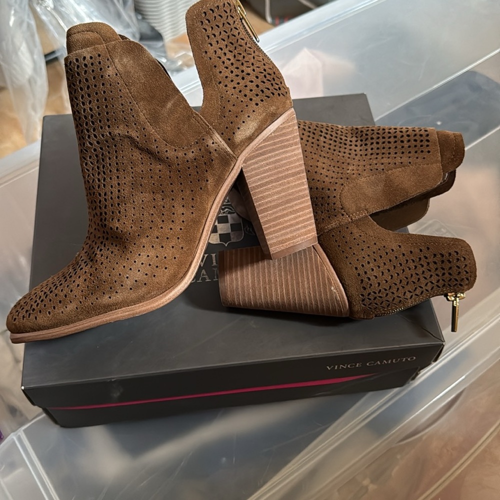 Vince Camuto Perforated Tan Ankle Booties